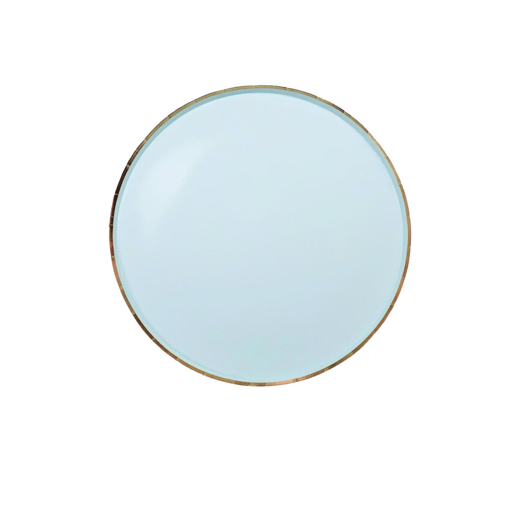 Round light blue plate with a gold rim on a white background