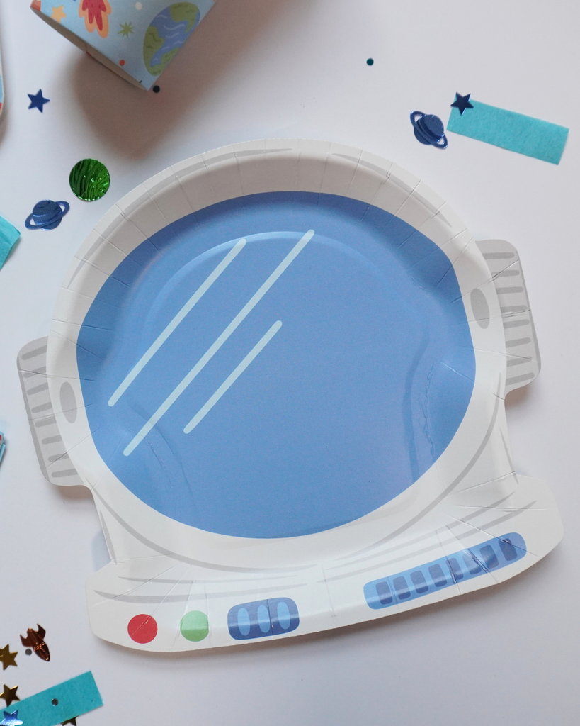 Astronaut-shaped paper plate for kids’ space parties by Festive Fun Co.