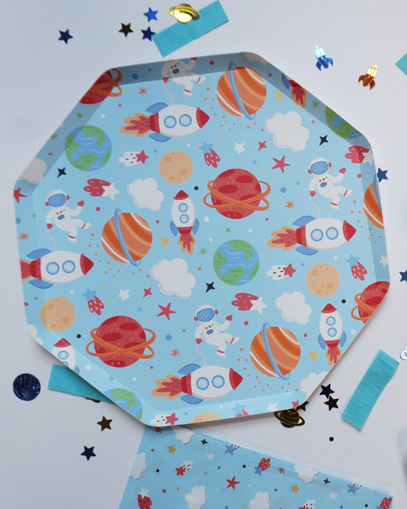 Space-themed 9-inch paper plates by Festive Fun Co.