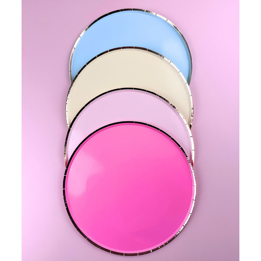 Gold-rimmed party plate in assorted pastel colors by Festive Fun Co.