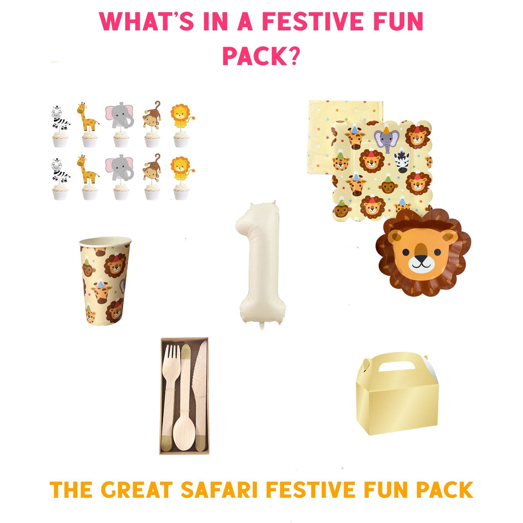 Safari-themed birthday party pack with plates, napkins, and balloons by Festive Fun Co.
