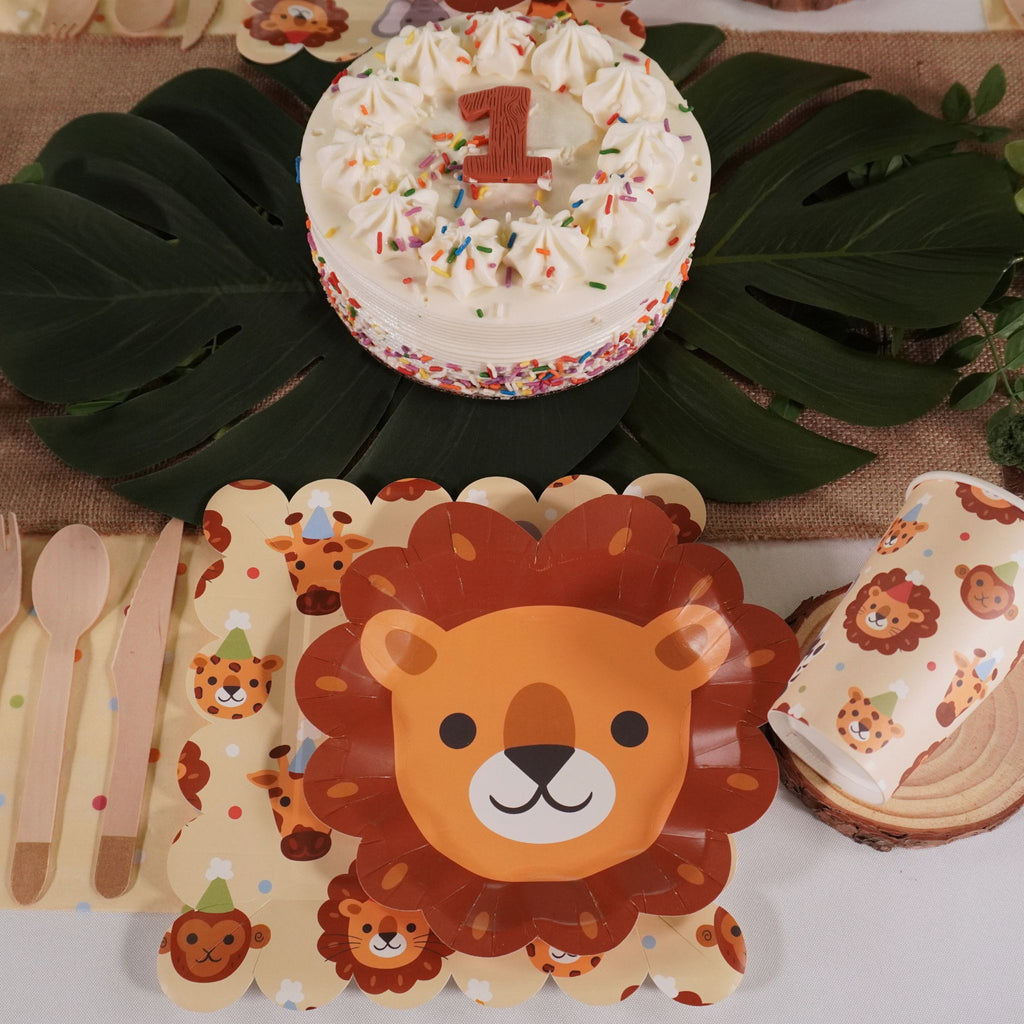 Safari-themed birthday party pack with plates, napkins, and balloons by Festive Fun Co.