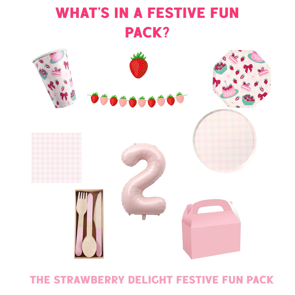 Strawberry-themed birthday party pack with pink gingham plates by Festive Fun Co.