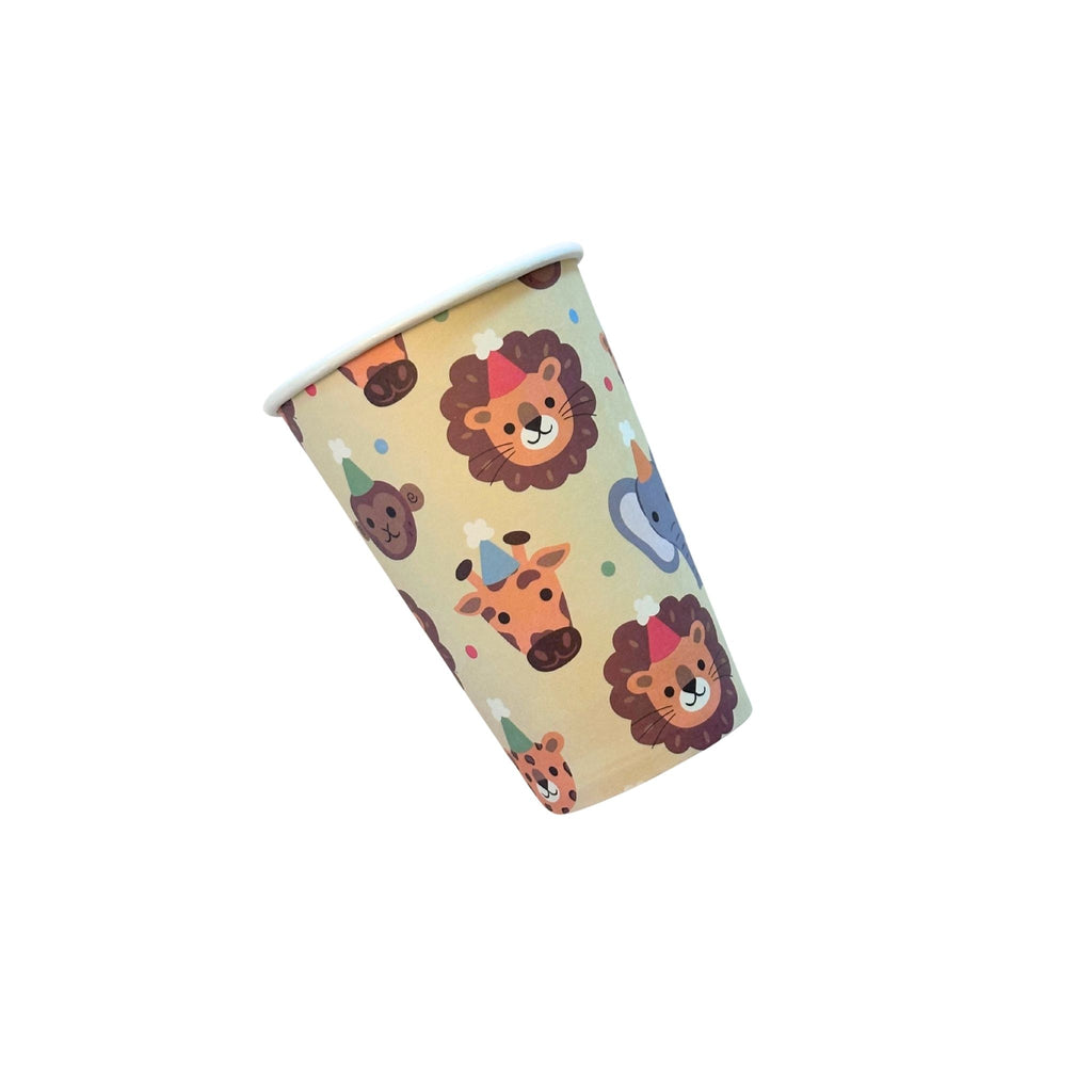 yellow cup with animals with birthday hats on