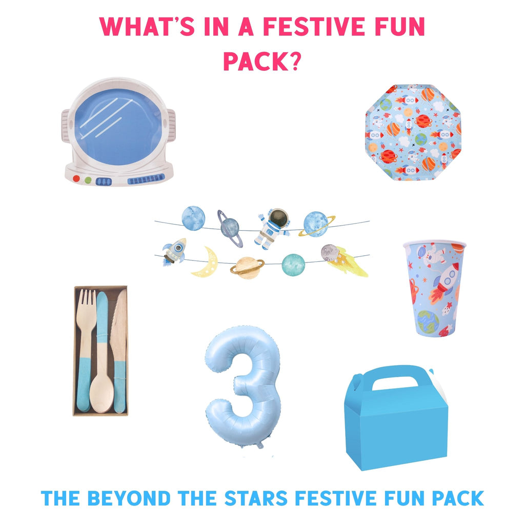 Space-themed birthday party pack with plates, cups, and banner by Festive Fun Co.