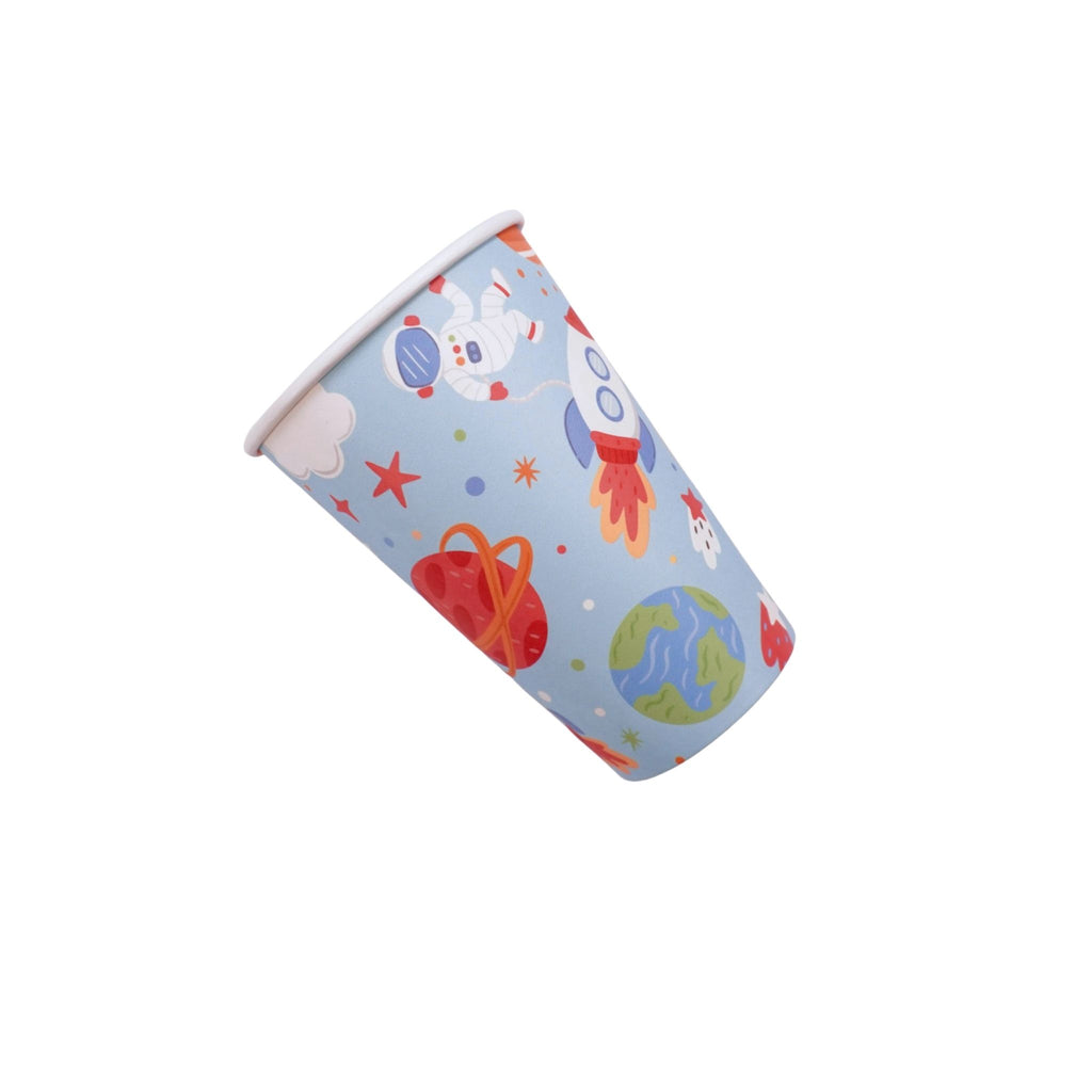 Blue space-themed paper party cups by Festive Fun Co.