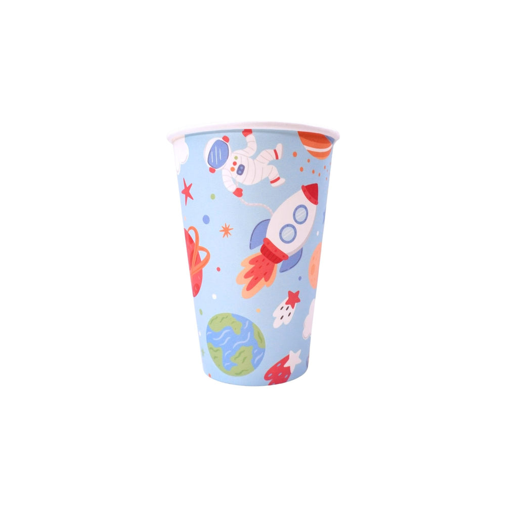 Blue space-themed paper party cups by Festive Fun Co.