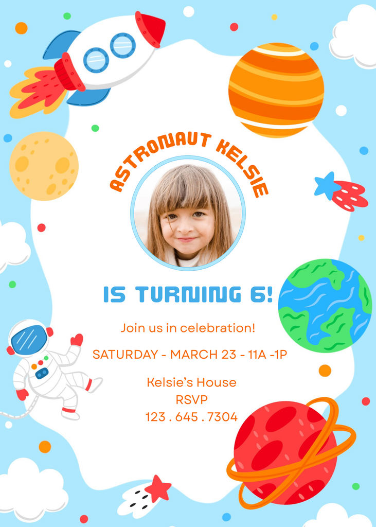 Space-themed birthday invitation with photo by Festive Fun Co.