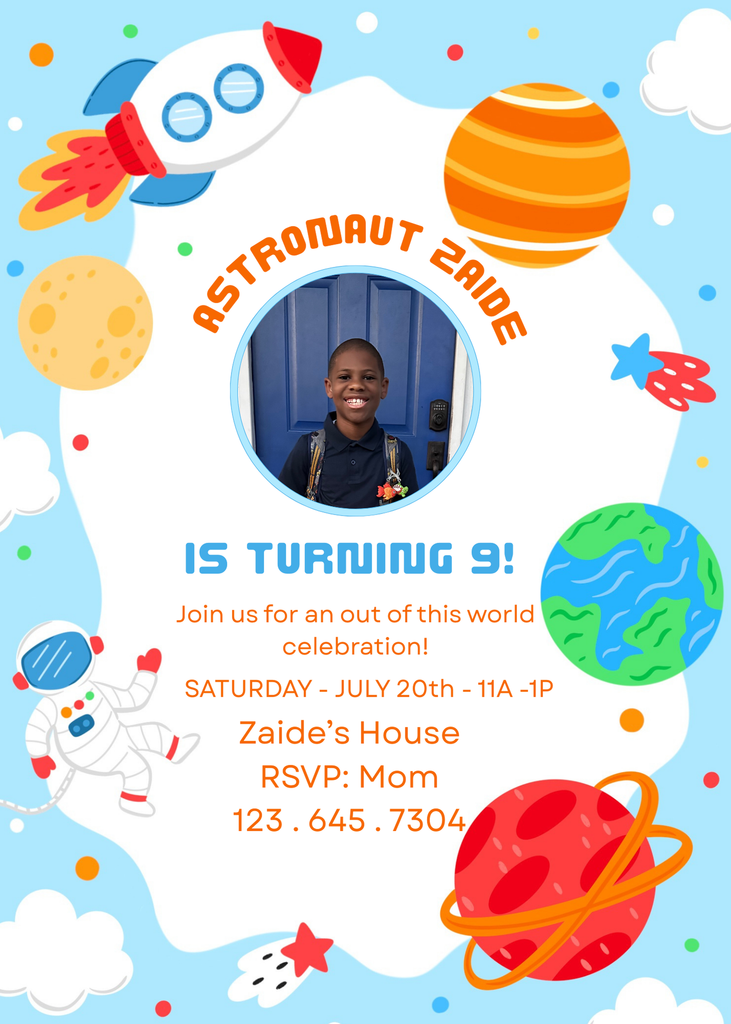 Space-themed birthday invitation with photo by Festive Fun Co.