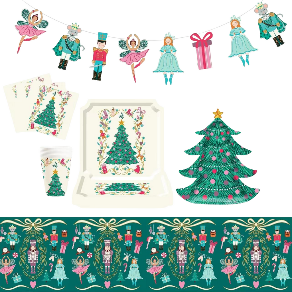 Christmas-themed party supplies including plates, cups, and a tree with decorative elements on a white background.
