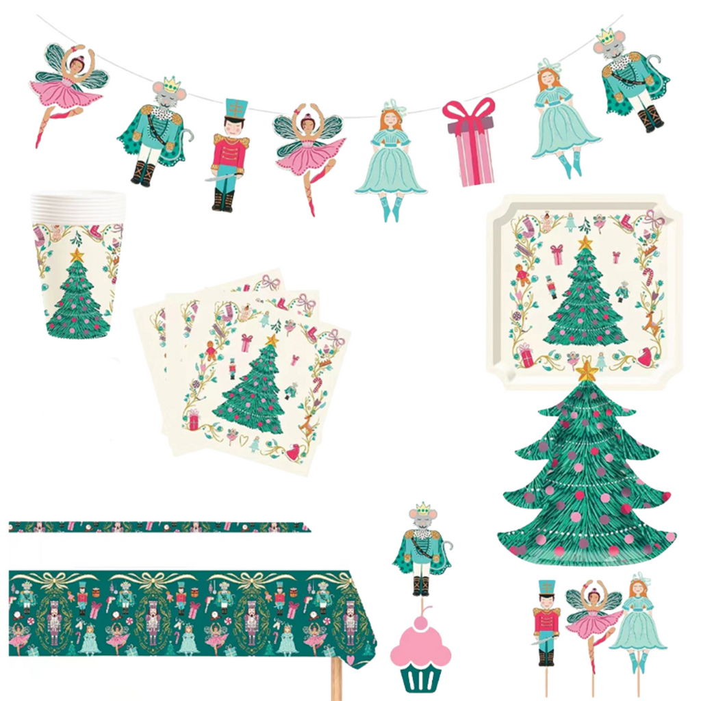 Evergreen Dreams Christmas party set with plates, cups, and banner by Festive Fun Co.