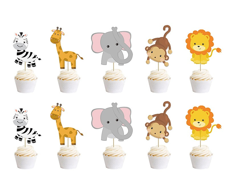 Set of animal-themed cupcake toppers including zebra, giraffe, elephant, monkey, and lion on a white background.