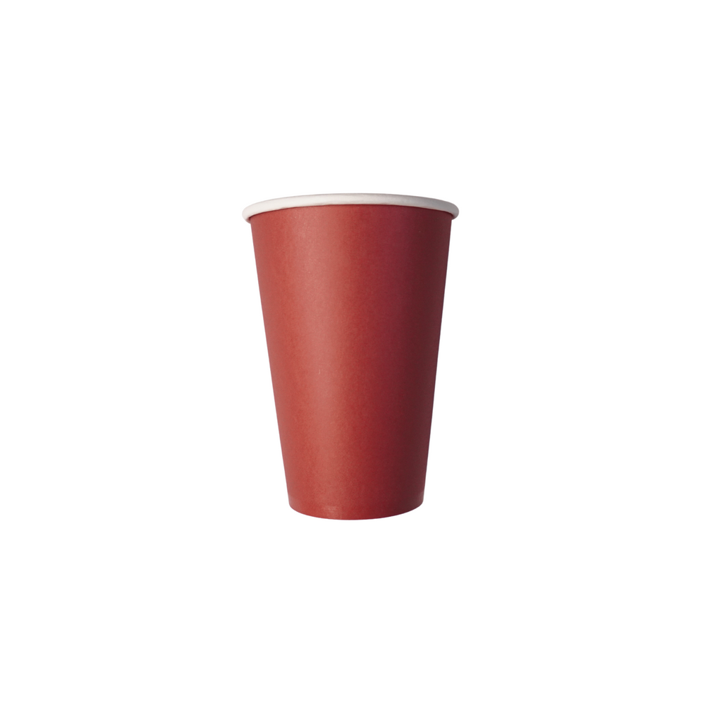 Burgundy-colored paper party cups by Festive Fun Co.