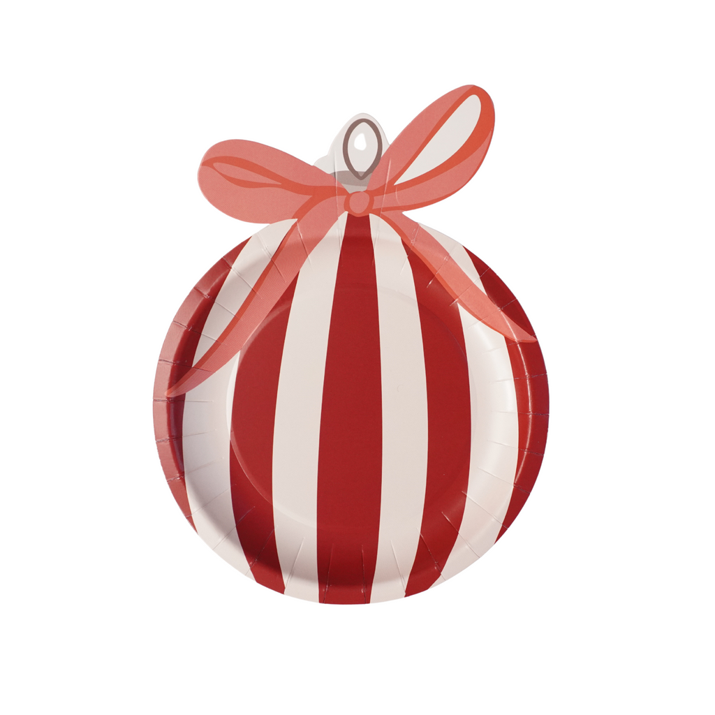 Red and white ornament-shaped Christmas paper plates by Festive Fun Co.