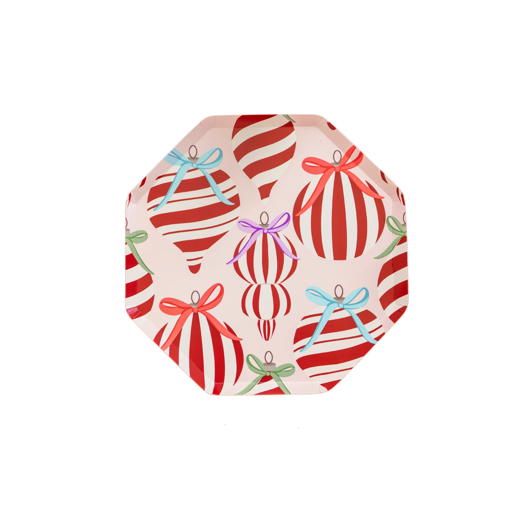 Holiday paper plates with ornament and bow design by Festive Fun Co.