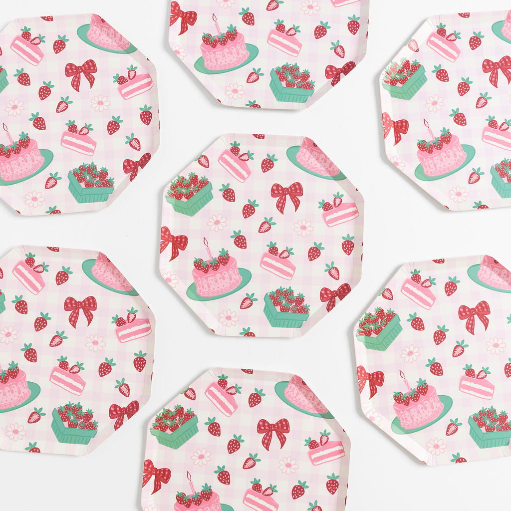 Strawberry-themed pink gingham paper plates by Festive Fun Co.