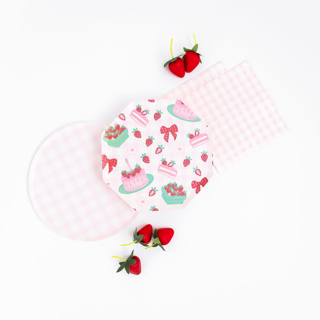 Strawberry-themed pink gingham paper plates by Festive Fun Co.