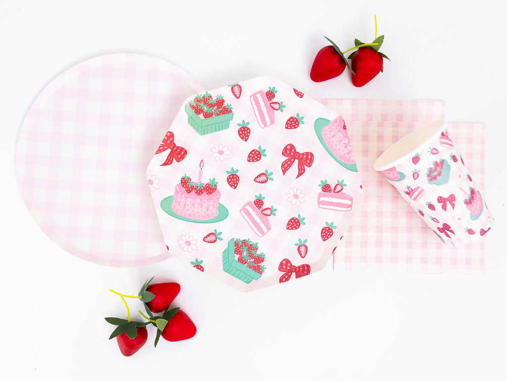 Pink gingham paper plate, 9-inch party plate by Festive Fun Co.