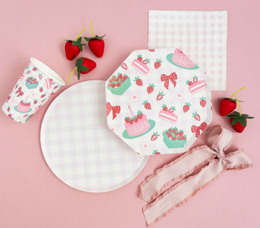 Strawberry-themed pink gingham paper plates by Festive Fun Co.