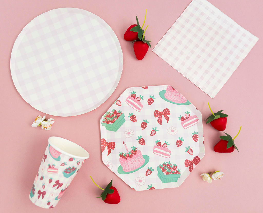 Pink gingham paper plate, 9-inch party plate by Festive Fun Co.