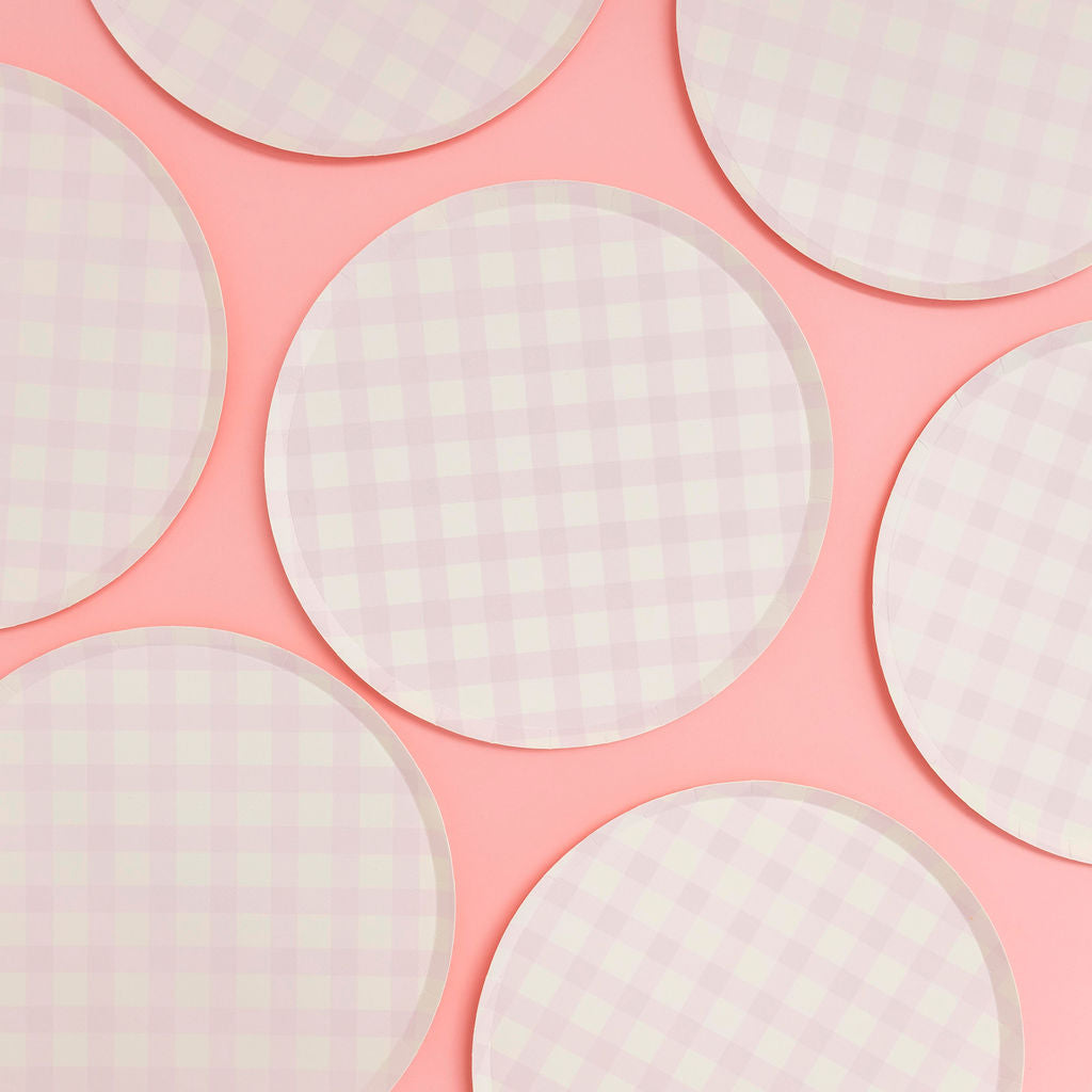 Pink gingham paper plate, 9-inch party plate by Festive Fun Co.