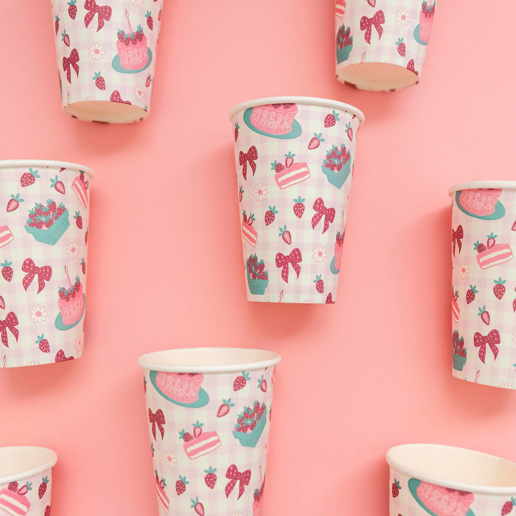 Strawberry pink gingham paper party cups by Festive Fun Co.