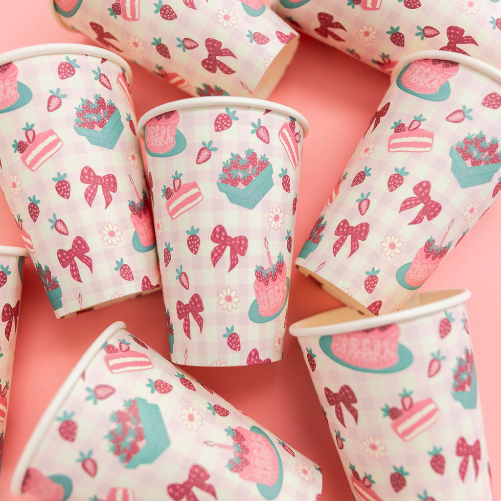 Strawberry pink gingham paper party cups by Festive Fun Co.