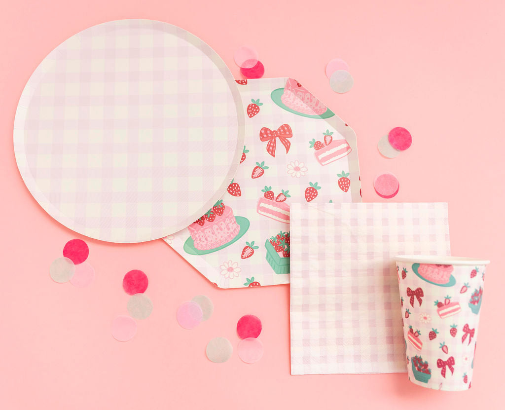 Pink gingham paper plate, 9-inch party plate by Festive Fun Co.