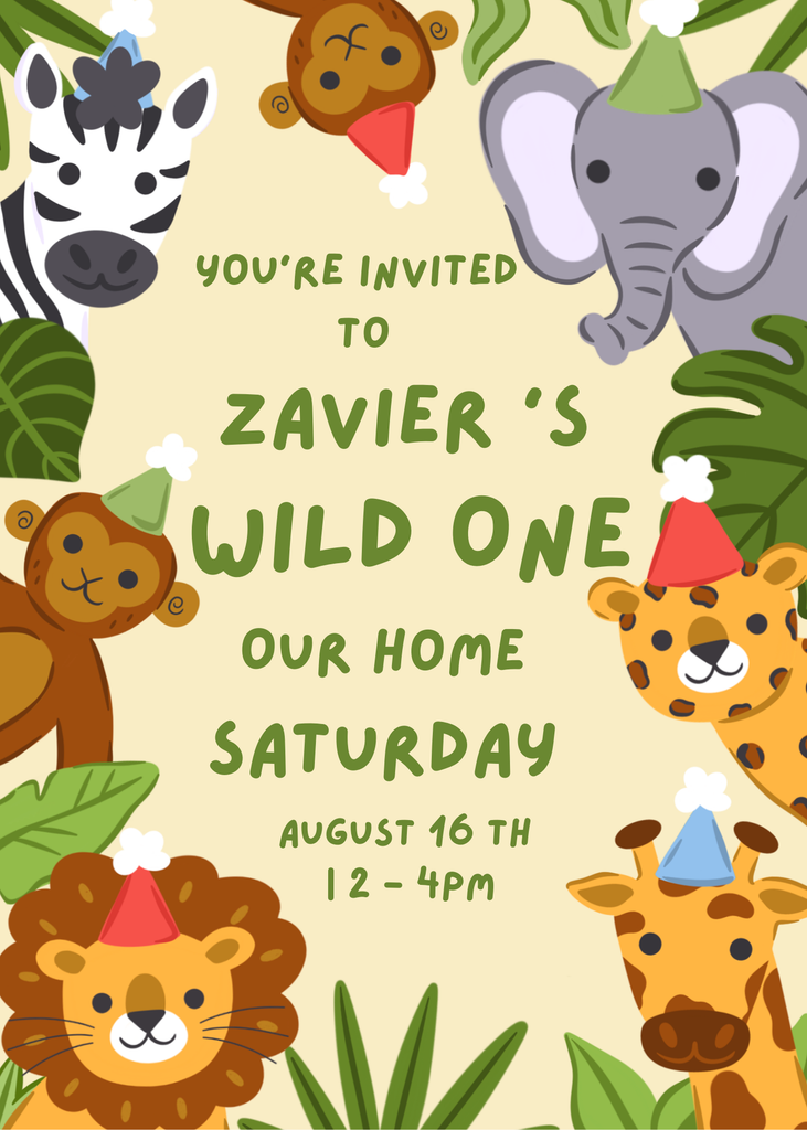 Safari-themed birthday invitation digital download by Festive Fun Co.