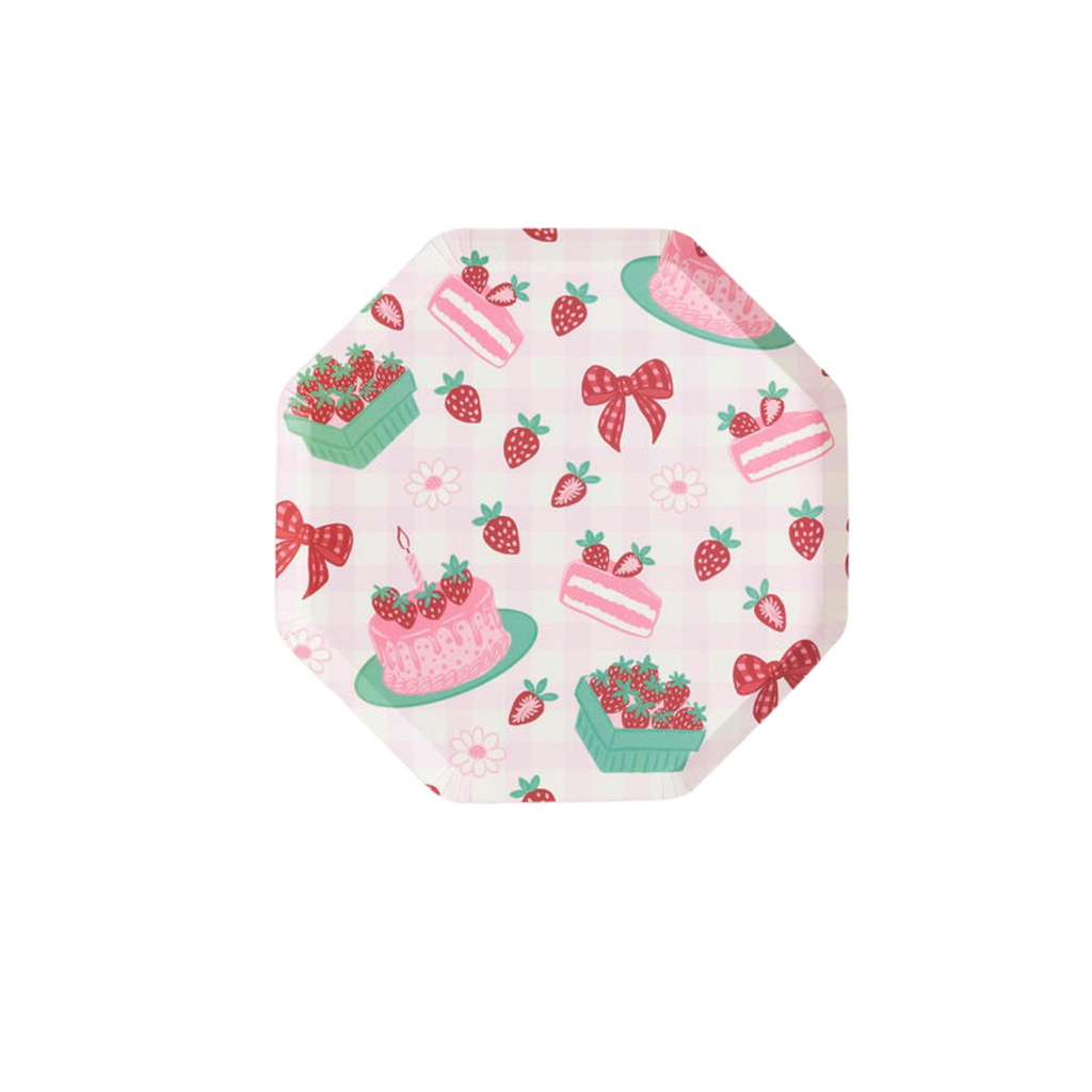 Strawberry-themed pink gingham paper plates by Festive Fun Co.