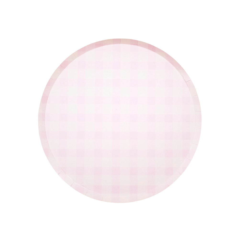 Pink gingham paper plate, 9-inch party plate by Festive Fun Co.