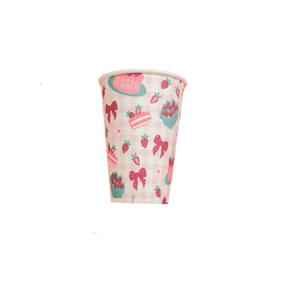 Strawberry pink gingham paper party cups by Festive Fun Co.