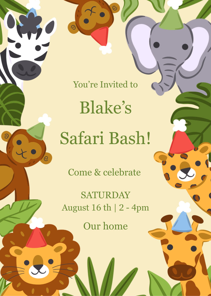 Safari-themed birthday invitation digital download by Festive Fun Co.
