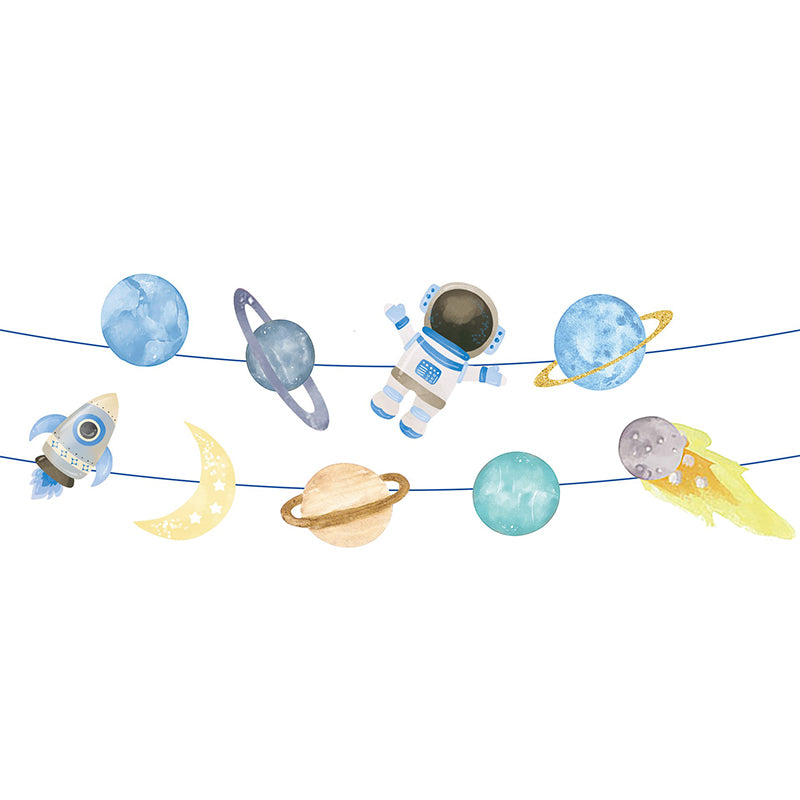 Decorative banner with space-themed items including planets, an astronaut, and rockets on a white background.