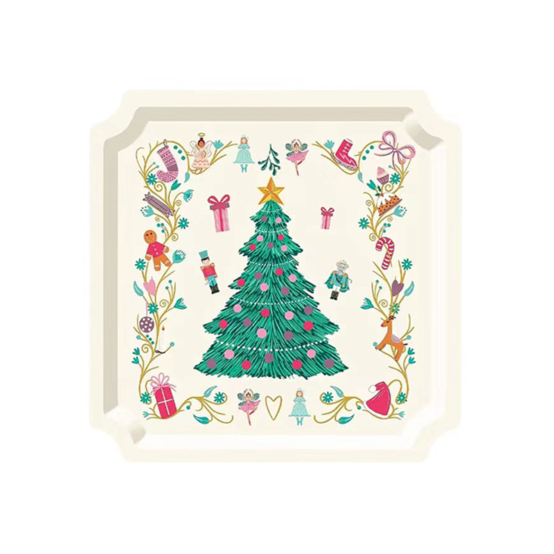 Decorative Christmas plate with a tree and festive elements on a white background