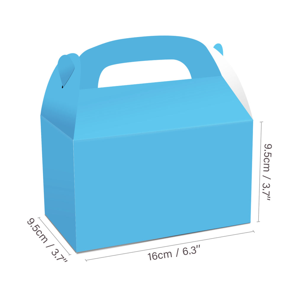 Blue gift/favor box with dimensions on a white background