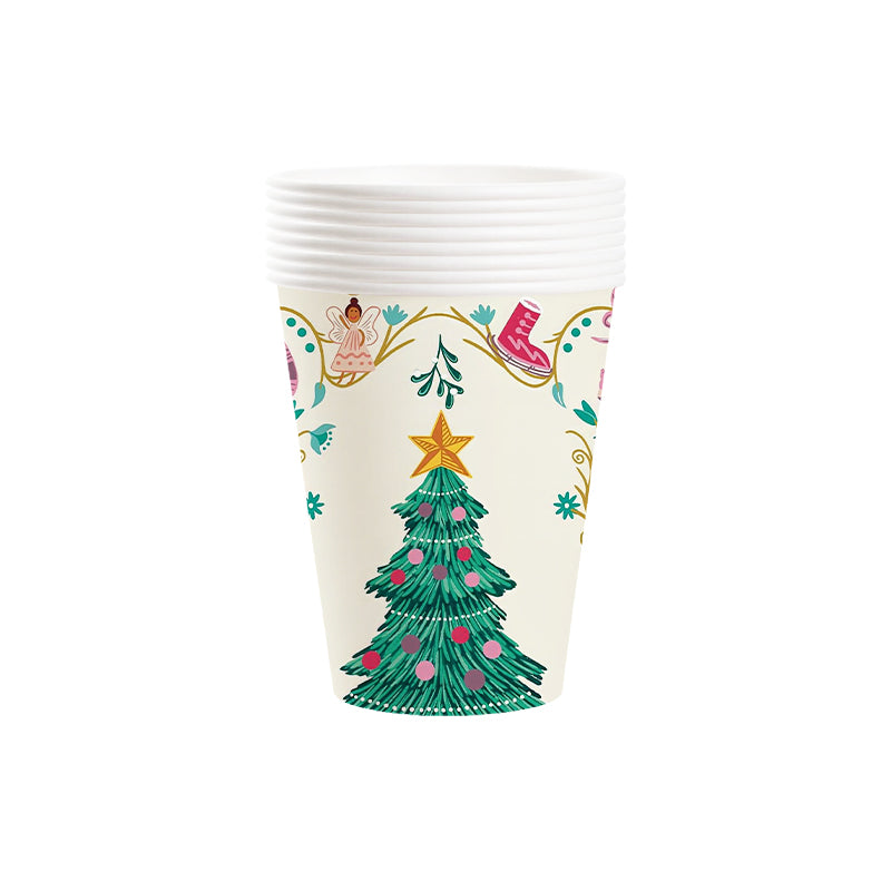 Paper cup with Christmas tree design on a white background