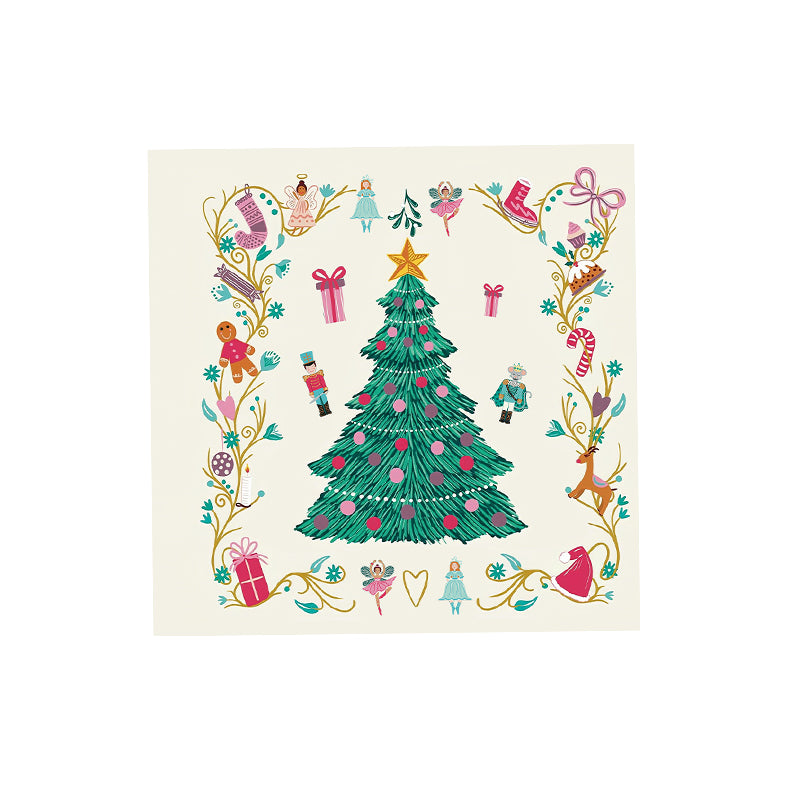 Christmas-themed illustration with a decorated tree, presents, and festive elements on a napkin