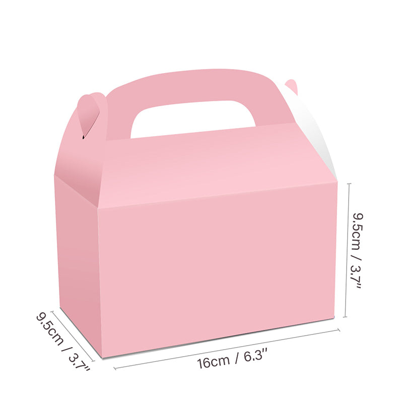 Pink paper favor party box with dimensions on a white background