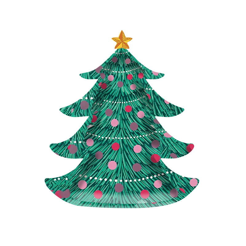 Decorative Christmas tree plate with green, pink, and gold colors on a white background
